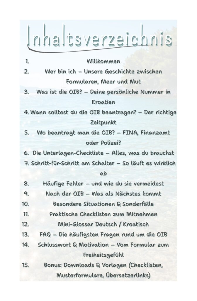 Taschenbuch und E Book „Von Papier zu Freiheit – OIB beantragen“ vor kroatischer Adriakulisse, ein Ratgeber zur OIB und Auswanderung nach Kroatien.