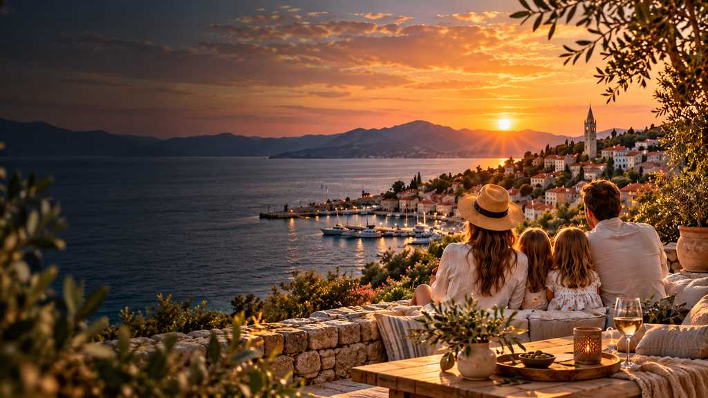 Familie mit zwei Kindern blickt bei Sonnenuntergang auf eine kroatische Küstenstadt und die Adria, als Symbol für Auswandern und Familienleben in Kroatien.