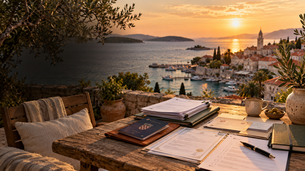 😊 ALT Text: Kroatischer Reisepass und wichtige Dokumente zur Auswanderung nach Kroatien auf einem Tisch mit Blick auf eine Küstenstadt an der Adria bei Sonnenuntergang.